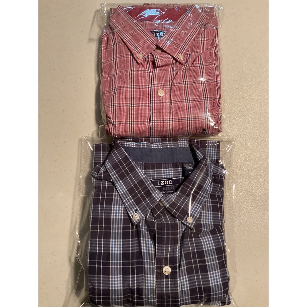 2 IZOD Mens Long Sleeve Plaid‎ Button Down Shirt Red White Blue Size M